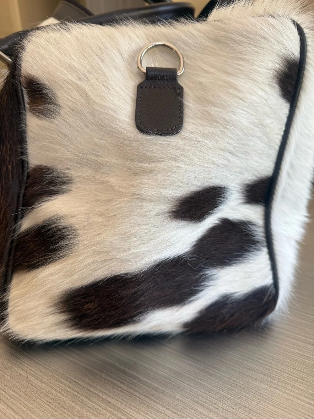 Genuine Cowhide Fur Duffle Bag with Dark Brown Leather Trim